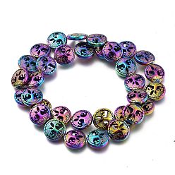 Multi-color Plated Rainbow Non-magnetic Synthetic Hematite Beads Strands, Vacuum Plating(Color Retention for 3 Years), Flat Round with Tree of Life, Multi-color Plated, 12~12.5x4.5mm, Hole: 1mm, about 33pcs/strand, 16.14 inch(41cm)
