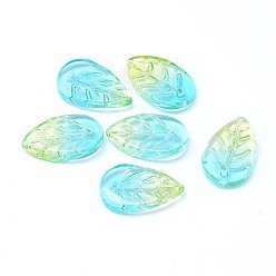 Aquamarine Transparent Glass Pendants, Leaf, Two Tone, Aquamarine, 18x11x3mm, Hole: 1.2mm