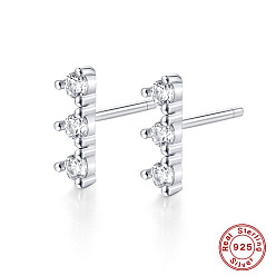 Clear Platinum Rhodium Plated Sterling Silver Micro Pave Cubic Zirconia Stud Earrings for Women, Rectangle Bar, Clear, 9x3mm