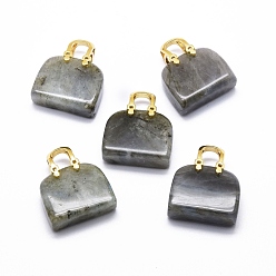 Labradorite Natural Labradorite Brass Pendants, Golden, Bag, 27~29x24~26x9~13mm, Hole: 6mm