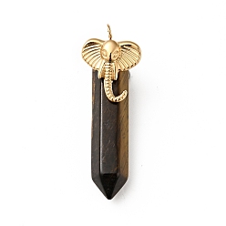 Tiger Eye Elephant Natural Tiger Eye Pointed Pendants, with Ion Plating(IP) Platinum & Golden Tone 304 Stainless Steel Findings, Faceted Bullet Charm, 42mm, Elephant: 19x14x3.5mm, Bullet: 32.5x8x8.5mm, Hole: 2.7mm
