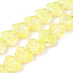 Yellow Transparent Electroplate Glass Beads Strands, Rainbow Plated, Skull Head, Yellow, 13x10x6mm, Hole: 1mm, about 65pcs/strand, 25.59''(65cm)