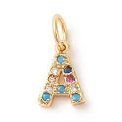 Letter A Brass Micro Pave Colorful Cubic Zirconia Charms, Golden, Letter.A, 9x6x2mm, Hole: 3mm