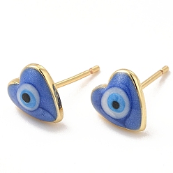 Blue Enamel Heart with Evil Eye Stud Earrings, Real 18K Gold Plated Brass Jewelry for Women, Blue, 8x8mm, Pin: 0.7mm