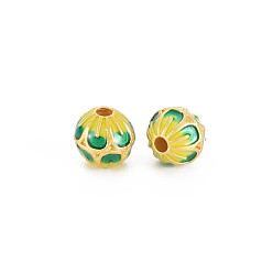 Lawn Green Rack Plating Alloy Enamel Beads, Long-Lasting Plated, Matte Style, Cadmium Free & Nickel Free & Lead Free, Round with Flower, Green, 7.5x7mm, Hole: 1.6mm