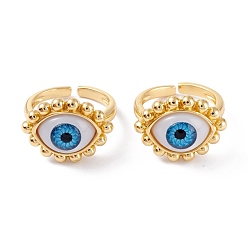 Dodger Blue Brass Cuff Rings, Open Rings, with Resin Beads, Long-Lasting Plated, Real 18K Gold Plated, Evil Eye, Dodger Blue, 3mm, Inner Diameter: 17.5mm