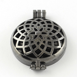 Gunmetal Rack Plating Hollow Brass Diffuser Locket Pendants, Flat Round with Flower, Gunmetal, 44x33x11mm, Hole: 3.5~4mm, inner measure: 30mm
