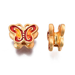 Dark Red Alloy Enamel Beads, Matte Style, Cadmium Free & Lead Free, Matte Gold Color, Butterfly, Dark Red, 9x11x5.5mm, Hole: 1.8mm