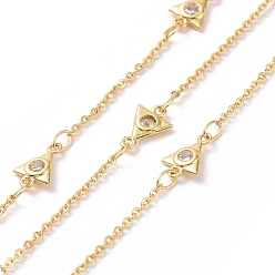 Real 18K Gold Plated Clear Cubic Zirconia Triangle Link Chains, with Brass Cable Chains, Unwelded, with Spool, Cadmium Free & Nickel Free & Lead Free, Real 18K Gold Plated, 9.5x6x1.5mm