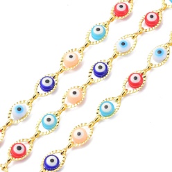 Golden 304 Stainless Steel & Evil Eye Glass Beads Link Chain, Long-Lasting Plated, Unwelded, with Spool, Golden, links: 6x1x2mm, evil eye: 6x10x4mm, about 16.4 Feet(5m)/roll