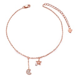 Rose Gold SHEGRACE 925 Sterling Silver Anklet, Micro Pave Grade AAA Cubic Zirconia Star and Moon, with S925 Stamp, Rose Gold, 8-1/4 inch(21cm)