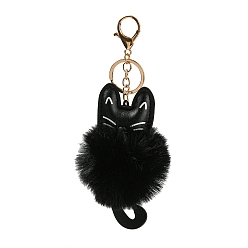 Black Cute Cat PU Leather & Imitate Rex Rabbit Fur Ball Keychain, with Alloy Clasp, for Bag Car Key Decoration, Black, 18cm