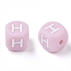 Letter H Food Grade Eco-Friendly Silicone Beads, Horizontal Hole, Chewing Beads For Teethers, DIY Nursing Necklaces Making, Letter Style, Cube, Pink, Letter.H, 10x10x10mm, Hole: 2mm
