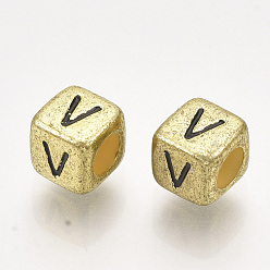 Letter V Acrylic Beads, Horizontal Hole, Metallic Plated, Cube with Letter.V, 6x6x6mm, 2600pcs/500g