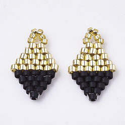 Black MIYUKI & TOHO Japanese Seed Beads, Handmade Pendants, Rhombus Loom Pattern, Black, 17x10x2mm, Hole: 1.5mm