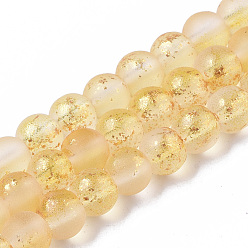 Gold Frosted Spray Painted Glass Beads Strands, with Golden Foil, Round, Gold, 4~5mm, Hole: 0.9~1.2mm, about 95~103pcs/Strand, 13.78 inch~14.88 inch(35~37.8cm)