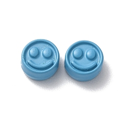 Sky Blue Spray Painted Alloy Beads, Flat Round with Smiling Face, Sky Blue, 7.5x4mm, Hole: 2mm