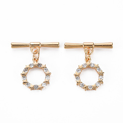 Real 18K Gold Plated Brass Micro Pave Clear Cubic Zirconia Toggle Clasps, Nickel Free, Ring, Real 18K Gold Plated, 24mm, Ring: 16x13x2mm, Bar: 22x6x2.5mm, Jump Ring: 5x0.7mm, 3.6mm inner diameter