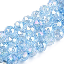 Bleu Ciel Clair Transparentes perles de verre de galvanoplastie brins, de couleur plaquée ab , facette, ronde, lumière bleu ciel, 8x7.5mm, Trou: 1.8mm, Environ 50 pcs/chapelet, 14.96'' (38 cm)