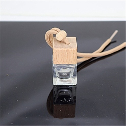 Square Empty Glass Perfume Bottle Pendants, Aromatherapy Fragrance Essential Oil Diffuser Bottle, with Coffee Color Cord, Car Hanging Decor, with Wood Lid, Square, 3.88x2.63cm