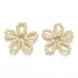 Lemon Chiffon Glass Seed Beads Pendants, with Golden Tone Brass Findings, Flower, Lemon Chiffon, 19x18~19x2mm
