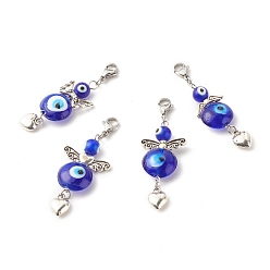 Bleu Moyen  Pendentif en alliage de style tibétain ailes et coeur décore, avec des perles au chalumeau mauvais œil et des fermoirs à pince de homard en acier inoxydable, bleu moyen, 304mm