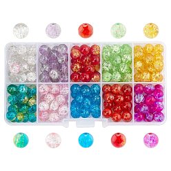 Mixed Color Spray Painted Transparent Crackle Glass Beads Strands, Round, Mixed Color, 8mm, Hole: 1.3mm, about 18~22pcs/compartment, 180~220pcs/box