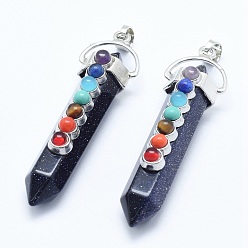 Blue Goldstone Chakra Jewelry, Synthetic Blue Goldstone Double Terminated Pointed Pendants, with Natural & Synthetic Mixed Stone Alloy Findings, Bullet, Platinum, 58~61x16.5~18x15.5~16mm, Hole: 4.5x7.5mm