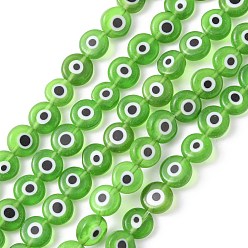 Зеленый лайм Ручной сглаза Lampwork плоские круглые пряди шарик, зеленый лайм, 8x3.2 мм, отверстие : 1 мм, около 49 шт / нитка, 14.56 дюйм