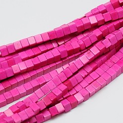 Темно-Розовый Синтетических нитей бирюзовые бусы, окрашенные, кубические, темно-розовыми, 4x4x4 мм, отверстие : 1 мм, около 95 шт / нитка, 15.75 дюйм