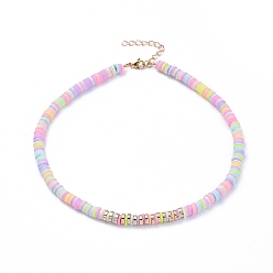 Colorful Handmade Polymer Clay Heishi Beaded Necklaces, with Brass Beads, Non-magnetic Synthetic Hematite Beads and 304 Stainless Steel Lobster Claw Clasps, Colorful, 14.96 inch(38cm)