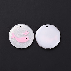 WhiteSmoke Acrylic Pendants, with Enamel and Glitter Powder, Flat Round with Dolphin Pattern, WhiteSmoke, 24x2mm, Hole: 1.5mm