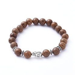 Coconut Brown Stretch Bracelets, with Natural Wood Beads and Tibetan Style Alloy Beads, Elephant, Coconut Brown, Inner Diameter: 2 inch(5.2cm)