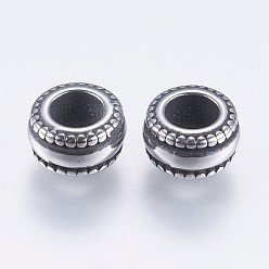 Antique Silver 304 Stainless Steel European Beads, Large Hole Beads, Rondelle, Antique Silver, 8x4.5mm, Hole: 4mm