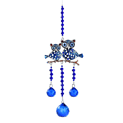 Owl Glass Suncatchers, Wind Chimes, Alloy Pendant Decorations with Resin Evil Eye, Owl, 320mm