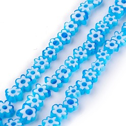 Bleu Main millefiori perles de verre brins, fleur, bleu, 6.4~9x3.2mm, trou: 1mm, environ 56 pcs/chapelet, 15.75'' (40 cm)