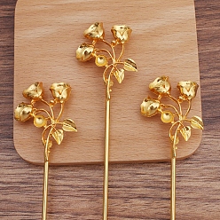 Golden Iron Hair Stick Findings, with Alloy Cabochons Setting, Rose Flower, Golden, 154x33mm, Tray: 4mm and 7mm