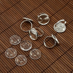 Silver 18mm Clear Domed Glass Cabochon Cover and Brass Pad Ring Bases for DIY Portrait Ring Making, Silver Color Plated, Ring Bases: 17mm, Tray: 18mm
