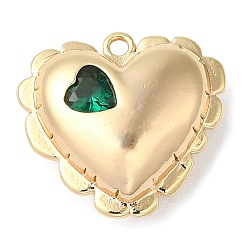 Green Brass Pendants, with Glass, Nickel Free, Heart Charms, Real 18K Gold Plated, Green, 15.5x16.5x6.5mm, Hole: 1.2mm