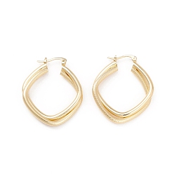 Real 18K Gold Plated Textured Double Rhombus Brass Huggie Hoop Earrings for Women , Real 18K Gold Plated, 38x34x6mm, Pin: 0.4mm