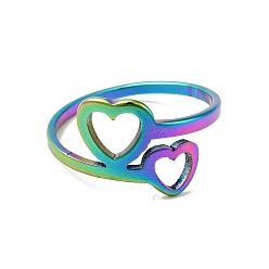 Rainbow Color Ion Plating(IP) 201 Stainless Steel Double Heart Finger Ring for Valentine's Day, Rainbow Color, US Size 6 1/2(16.9mm)