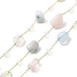 Morganite Ion Plating(IP) 316 Surgical Stainless Steel Paperclip Chains, with Natural Morganite Nuggets Beads and Glass Beads, Soldered, Real 18K Gold Plated, with Spool, Link: 3x1x0.3mm, Glass: 3~4.5mm, Gemstone: 6~10x4~9.5x4~7mm
