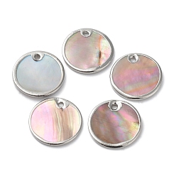 Platinum Natural Sea Shell Pendants, Flat Round Charms with Brass Edge, Platinum, 15x1mm, Hole: 1mm