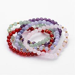 Mixed Color Natural Round Gemstone Beaded Stretch Bracelets, with Iron Spacer Beads, Mixed Color, 54mm(2-1/8 inch)