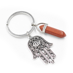 Goldstone Synthetic Goldstone Pendant Keychains, with Alloy Pendants and Iron Rings, Bullet Shape with Hamsa Hand, 7.2cm