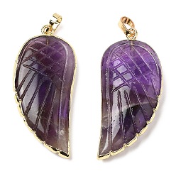 Amethyst Natural Amethyst Pendants, Wing Charms, with Rack Plating Golden Plated Brass Edge, 39x18x7mm, Hole: 6x4mm