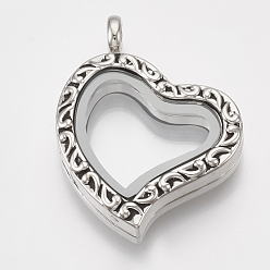 Platinum Alloy Magnetic Locket Pendants, with Glass, Heart, Platinum, 34x29x8mm, Hole: 5mm, Inner Measure: 16x20mm