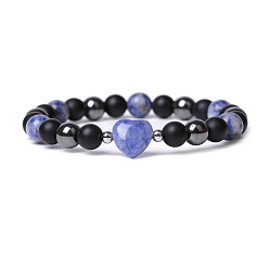 Jaspe Avec Point Bleu Bracelet extensible en perles de cœur en jaspe bleu naturel, 7-1/2 pouce (19 cm)