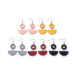 Mixed Color Painted Wood Dangle Earrings, with Stainless Steel Hoop, Ring and Half Round, Mixed Color, 64.6mm, Pin: 0.7mm