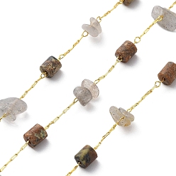 Real 18K Gold Plated Natural Mixed Gemstone Chips & Column Beaded Chains, with Brass Findings, Soldered, with Spool, Real 18K Gold Plated, 4x4mm, 4~9x3~4x2~7mm, about 32.81 Feet(10m)/Roll